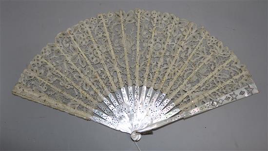 A 19th century French lace and mother of pearl fan in original fitted box